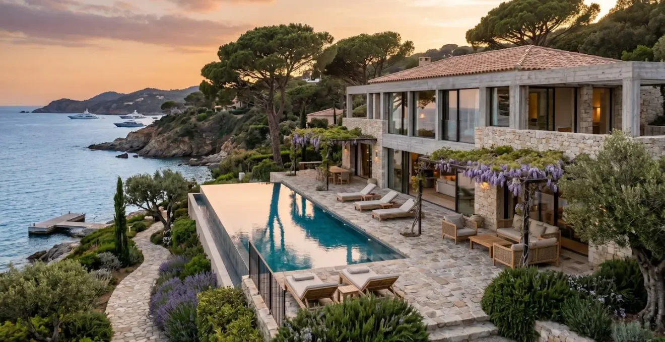 Luxury villa exterior in Saint-Tropez peninsula showing either modern beachfront architecture with Mediterranean sea view or traditional Provençal stone bastide in Ramatuelle hills with terrace and regional landscape