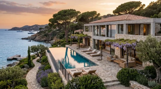 Luxury villa exterior in Saint-Tropez peninsula showing either modern beachfront architecture with Mediterranean sea view or traditional Provençal stone bastide in Ramatuelle hills with terrace and regional landscape