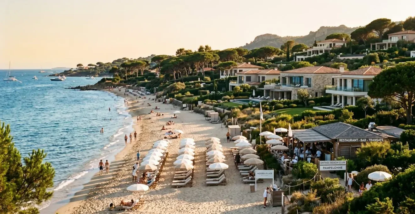 Pampelonne Beach waterfront in Saint-Tropez showing beach club installations on sandy shore with modern beachfront villa architecture visible in background under summer sunlight