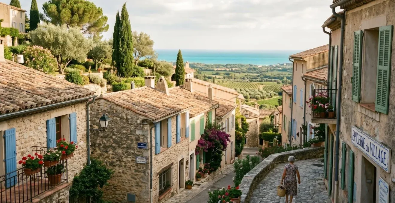 Ramatuelle village traditional Provençal stone architecture in hilltop setting with terracotta roofs and panoramic view over vineyards and Mediterranean landscape