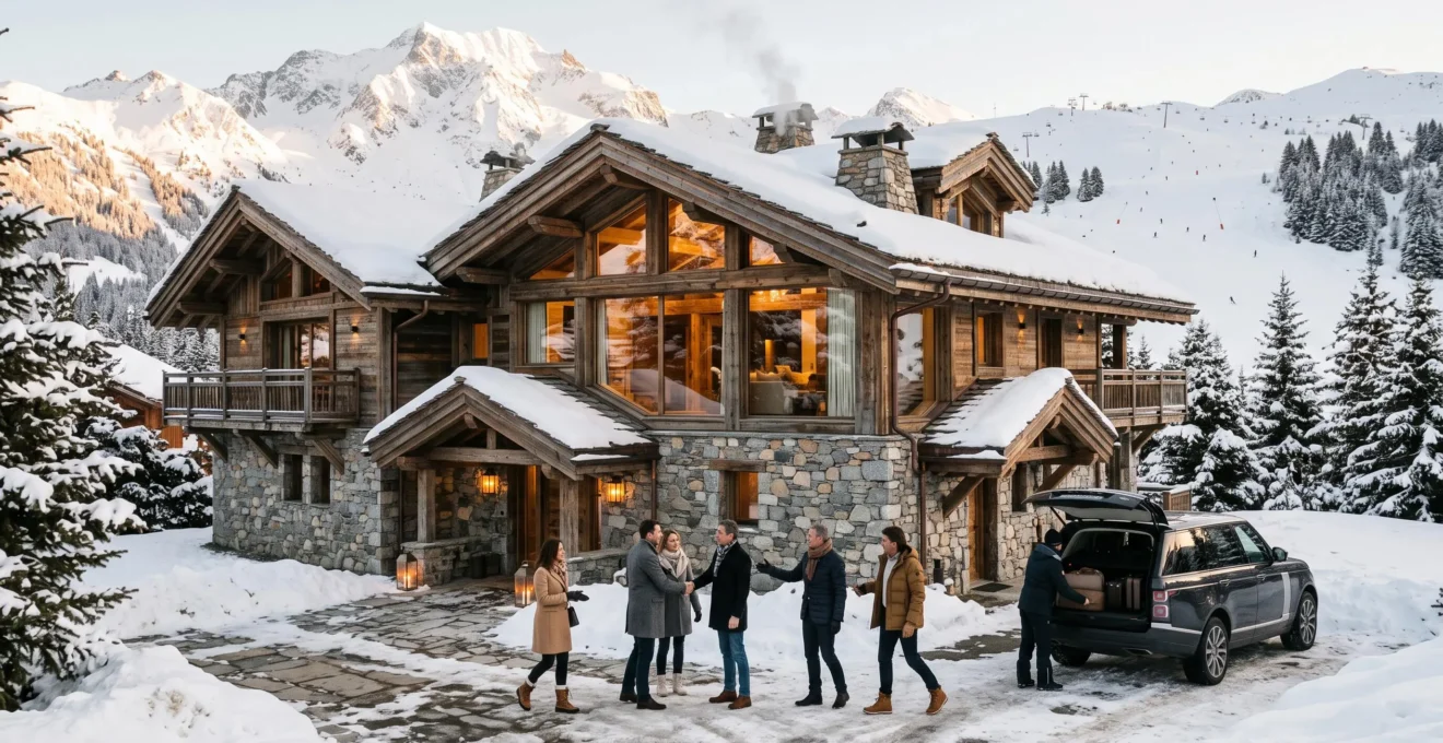 Un groupe de professionnels arrive devant un grand chalet de luxe enneigé à Courchevel 1850.