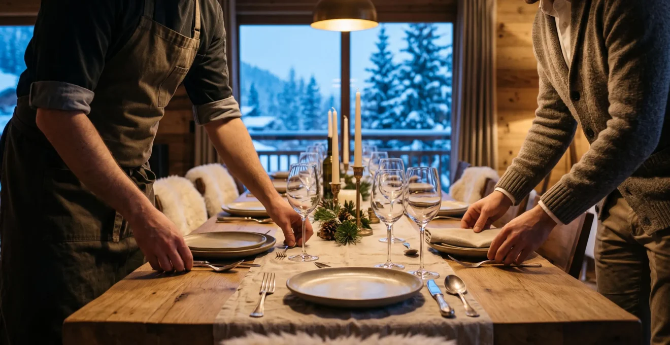 Un chef et un concierge dressent une longue table en bois pour un dîner dans un chalet.