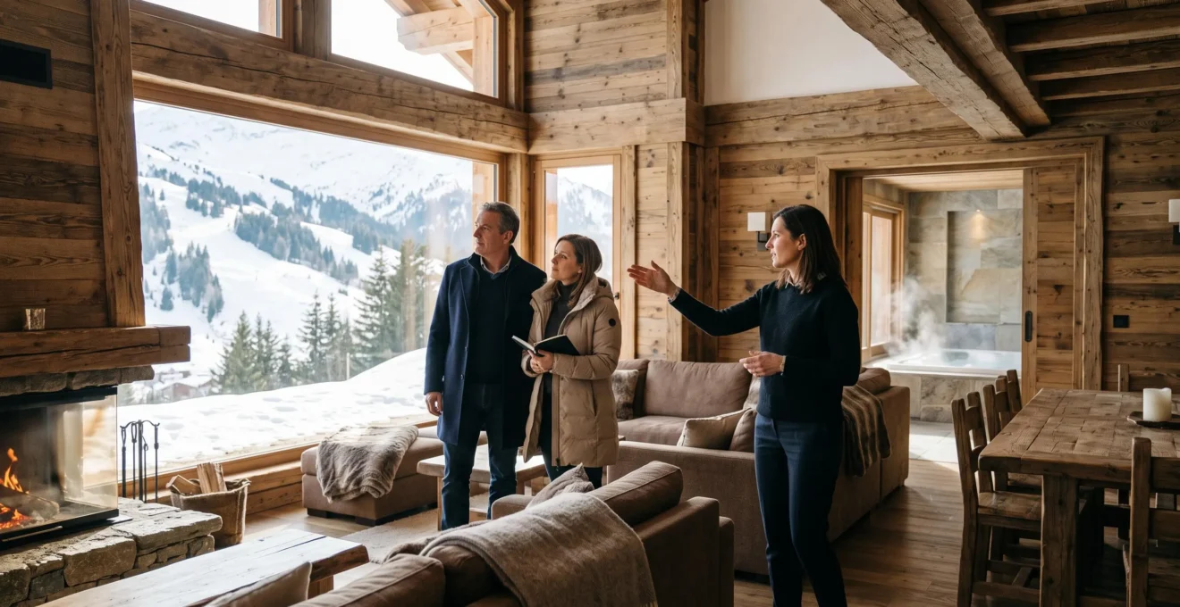 Un gestionnaire de chalet présente un salon avec cheminée et vue sur les pistes à deux clients.